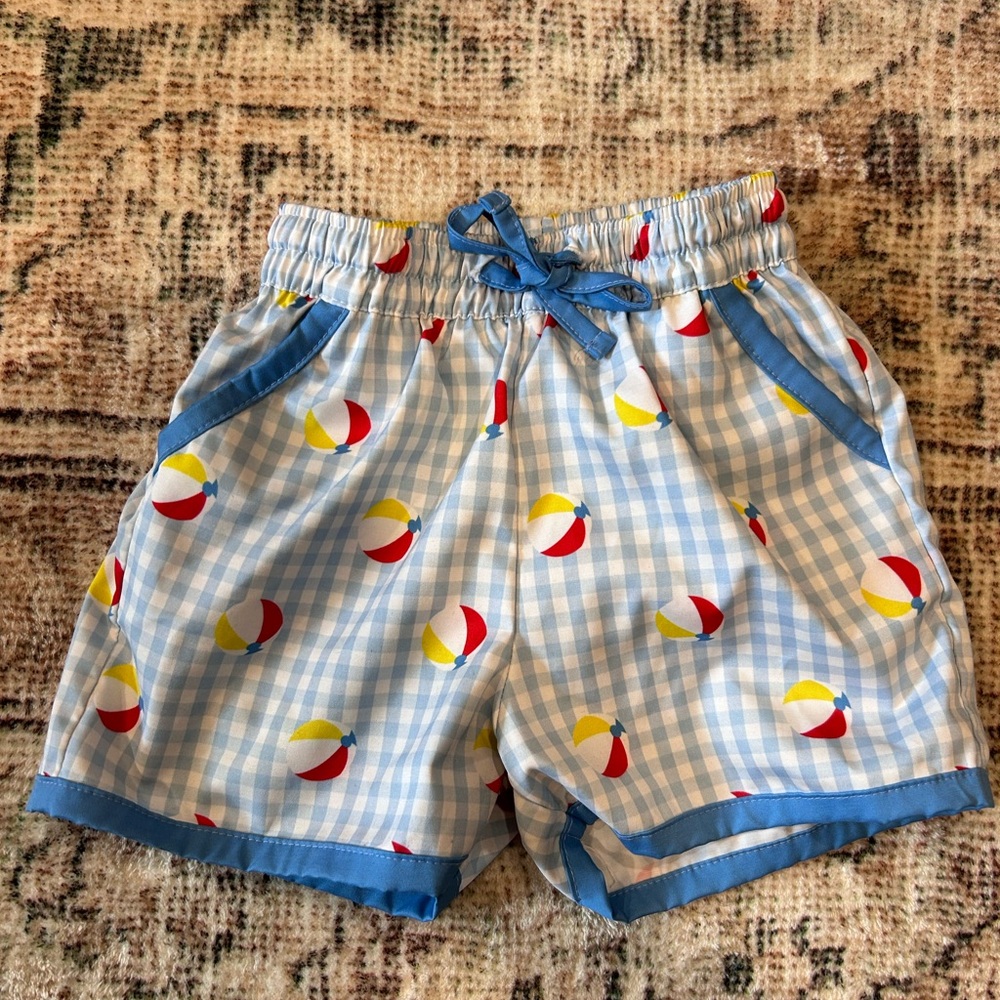Blue Checkered Kids Shorts with Beach Ball Print